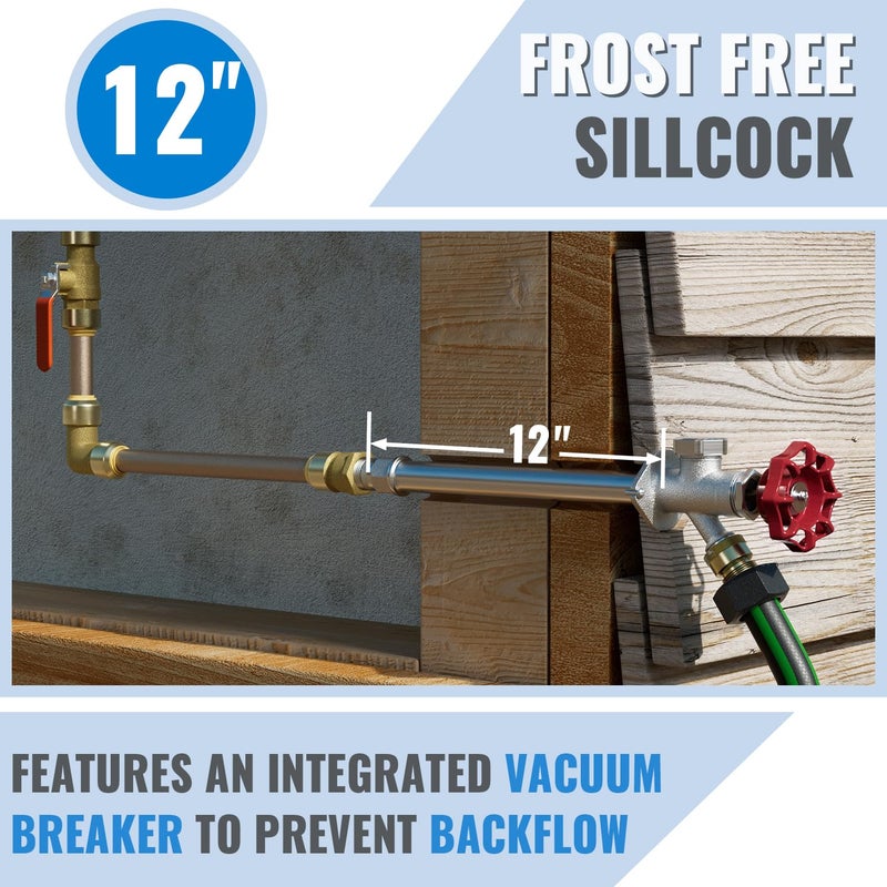SUNGATOR Frost Free Sillcock, 12" Push Fit Anti-Siphon Hydrant, 3/4-Inch Hose Bibb x 1/2-Inch Push Adapter, No Lead Brass Valve, with 1 Disconnect Clip and 1 Sealing Tape - Image 3